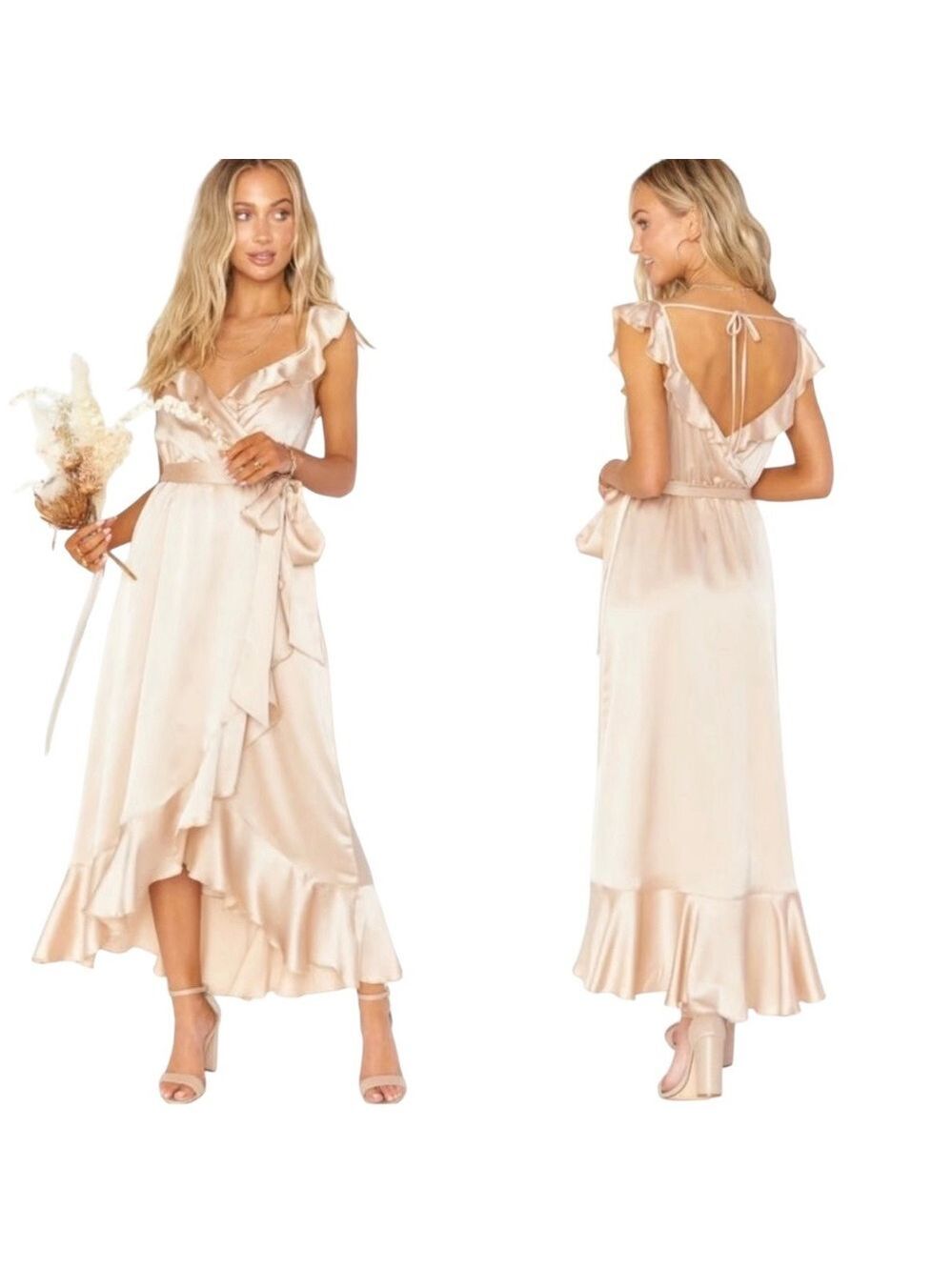 Show Me Your Mumu Samantha Wrap Midi Dress Gold Ruffle Sleeve Cocktail Party M